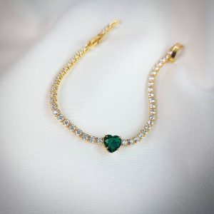 دستبند تنیسی با قلب سبز پایه طلایی