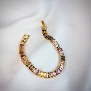 دستبند تنیسی رنگین کمانی با پایه طلایی